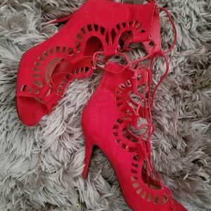 Red Faux Suede Laceup Cutout Pumps sz 10